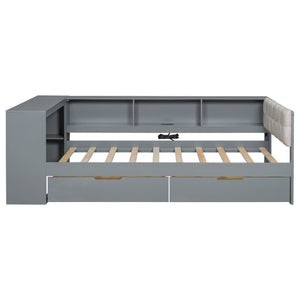 Upholstered Headboard Platform Bed With Storage Shelves, Drawers, Charging Station