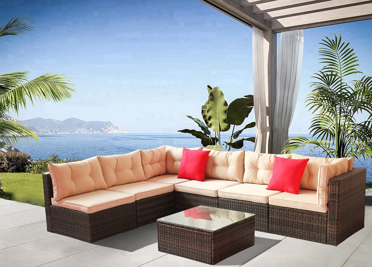 Rattan-7-pc-sectional--corner-sofa-set-(brown-cushion)-Outdoor-Furniture-Sets