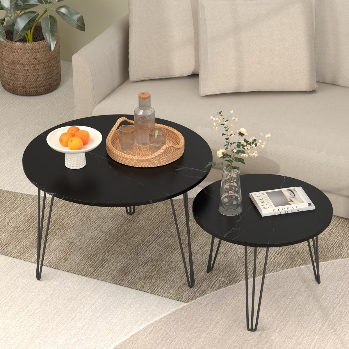 Rustic Round Nesting Coffee Table Set of 2 with Metal Frame - White, Black, Light Brown
