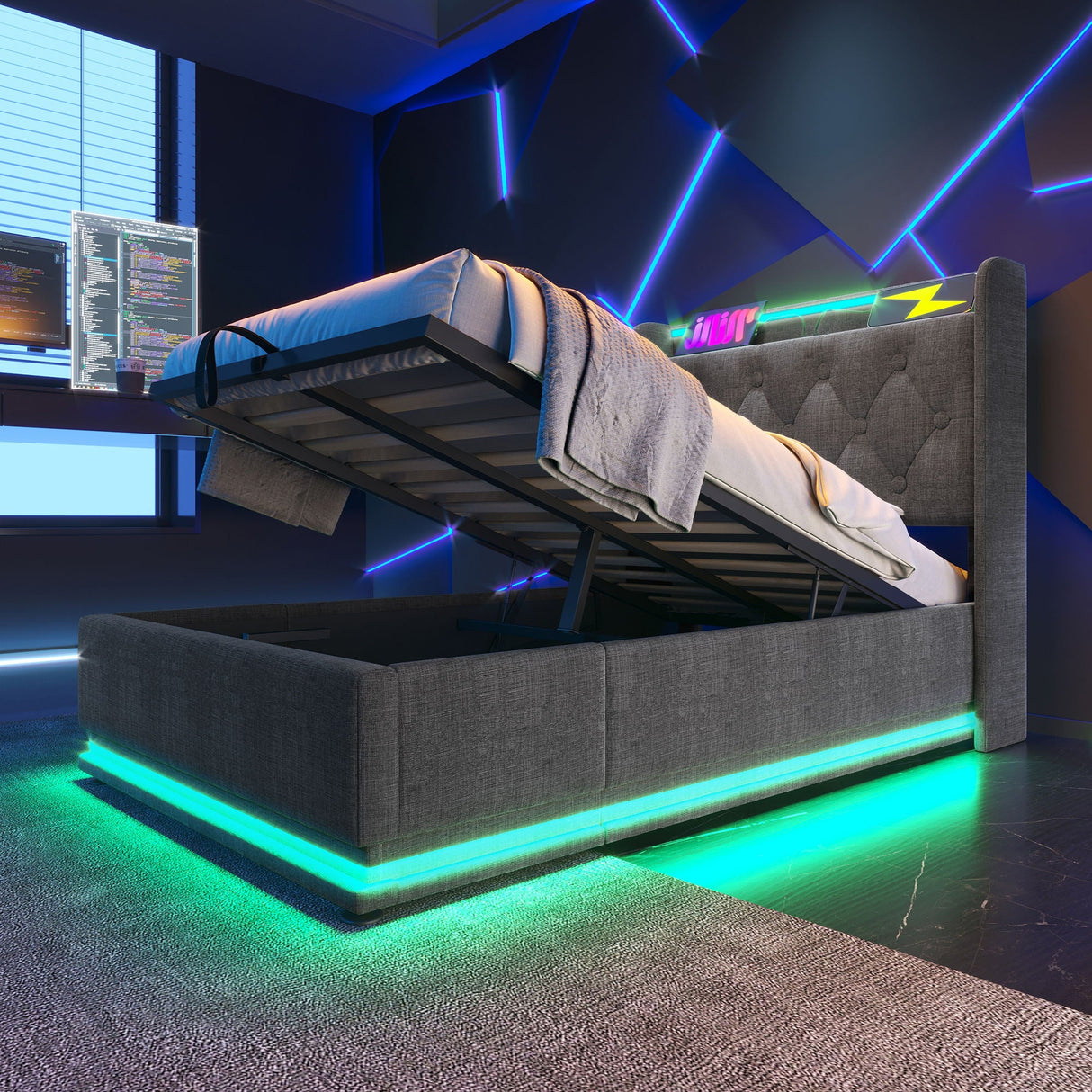 Upholstered Bed, 360 Surround LED Function, Remote Control, Hydraulic Storage Bed With USB, Type-C Charging (Without Mattress)