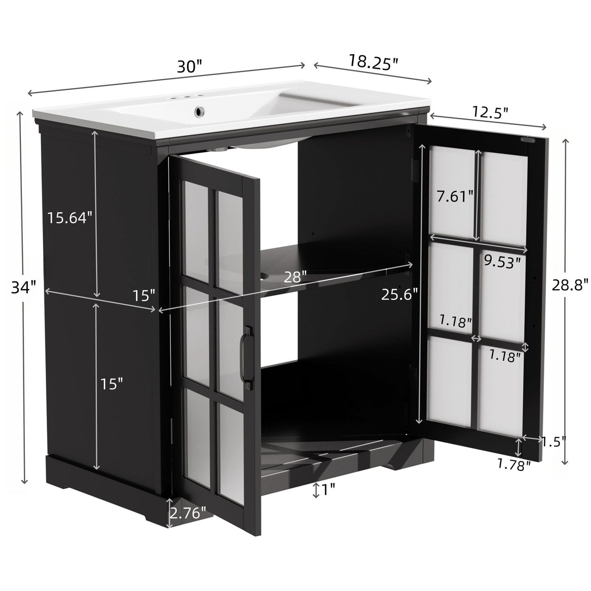 Modern Bathroom Vanity with Ceramic Sink and Tempered Blurred Glass Doors