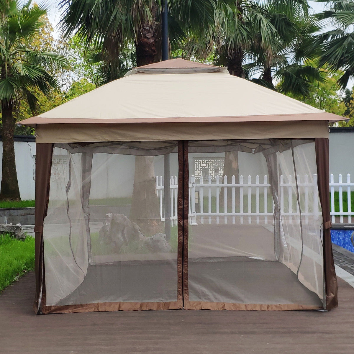 Outdoor Pop Up Gazebo Canopy With 2 Tier Soft Top And Removable Zipper Netting
