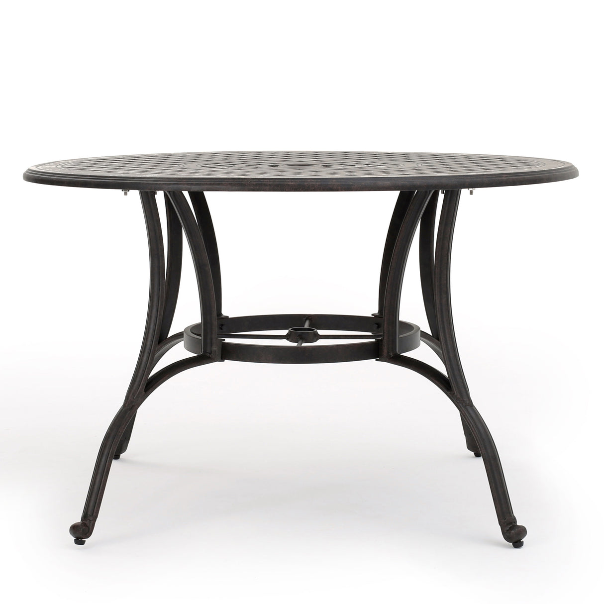 Outdoor cast aluminum circular dining table, bronze
