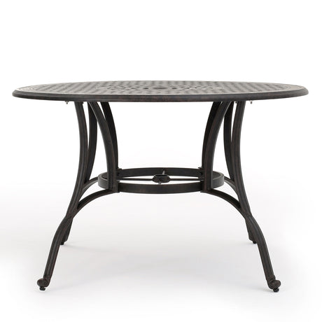 Outdoor cast aluminum circular dining table, bronze