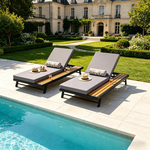Black Iron + Teak Finish Chaise Lounge Set with Dark Grey Cushion