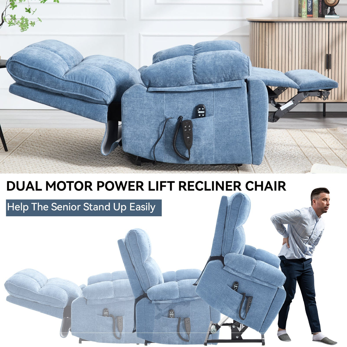 Blue Heat Massage Dual Motor Lift Recliner Chair with Electric Heat - Blue