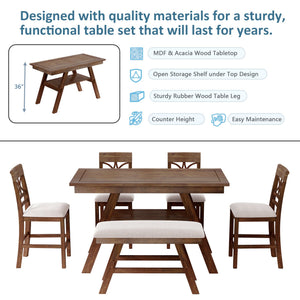 Counter Height 6-Piece Wood Dining Set with Storage Shelf - Walnut