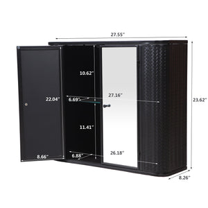 Black Wall-Mounted Bathroom Cabinet with Mirror, 2 Mirrored Doors & Open Shelf