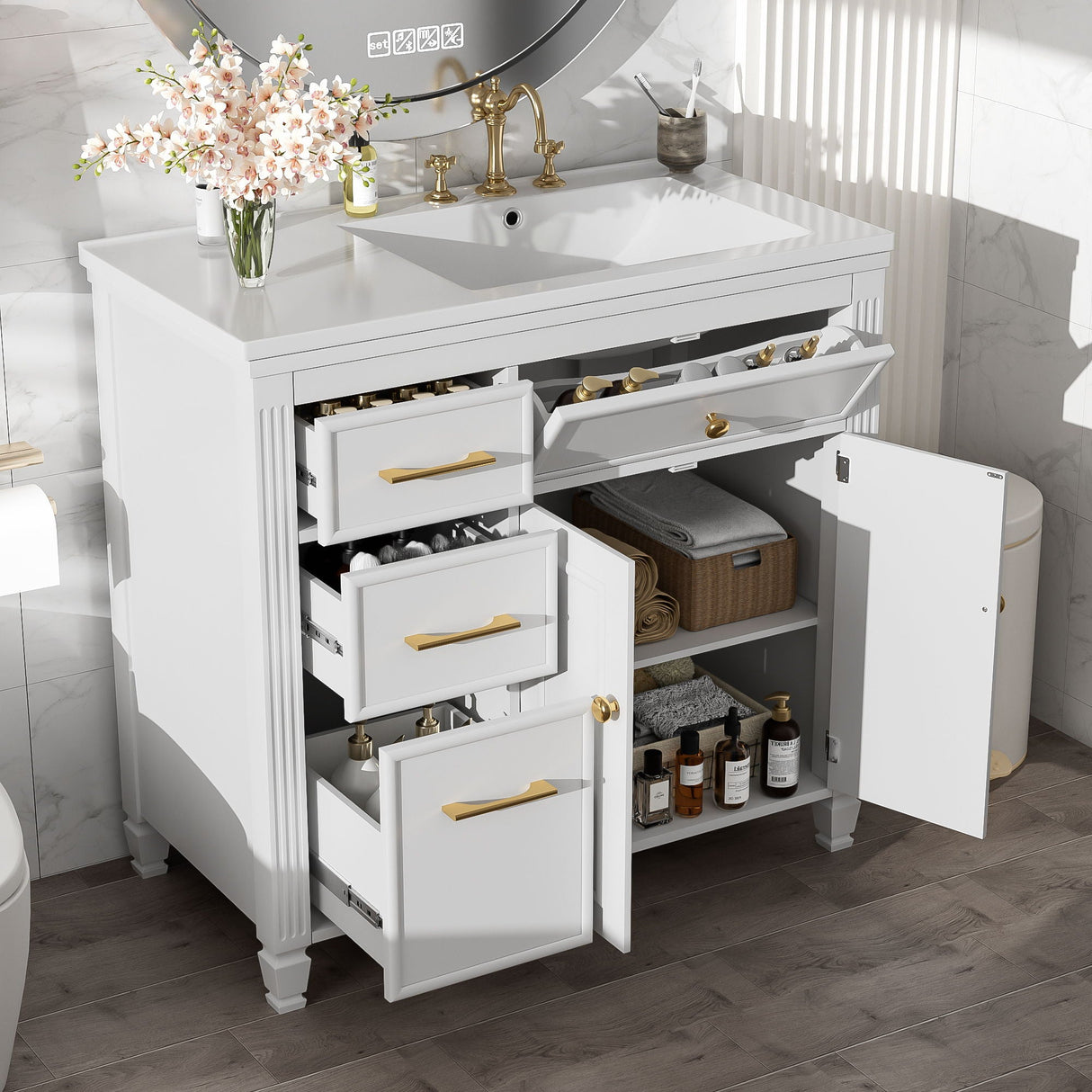 Modern Bathroom Vanity With Ceramic Sink, Freestanding, One Tip Out Drawer, 3 Side Drawers, Adjustable Shelf
