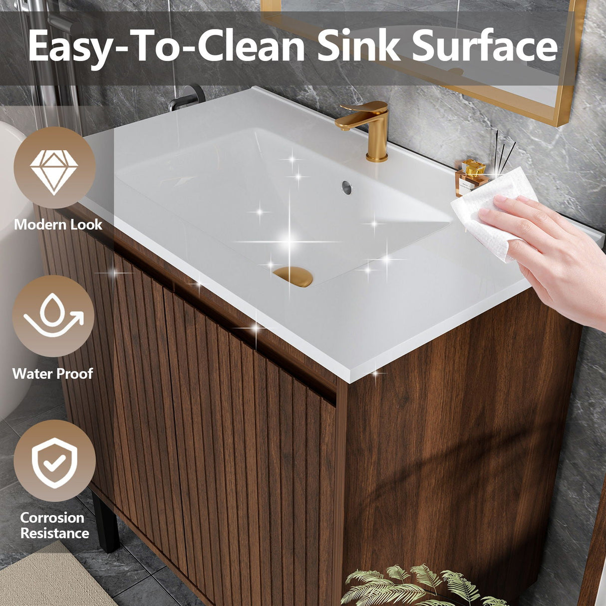 Bathroom Vanity With Ceramic Sink, Floor-Standing Design, Soft-Closing Drawers