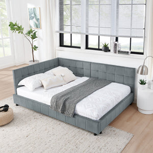 Mid-Century Storage Upholstered Tufted Bed Frame with Backrest and Armrests