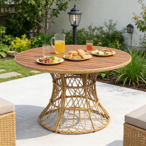 Durable Outdoor Dining Table with Round Acacia Wood Top and Wicker Base