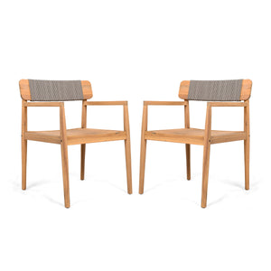 Creative Braided Acacia Wood Outdoor Dining Chairs with Armrests - Grey
