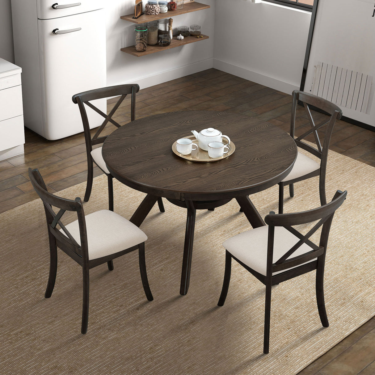 Wooden Dining Table Set (1 Table with 4 Chairs), BROWN