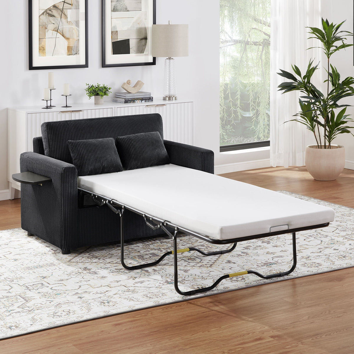 Sleeper Sofa With Foldable Mattress, USB Ports, Side Table & Storage Pocket