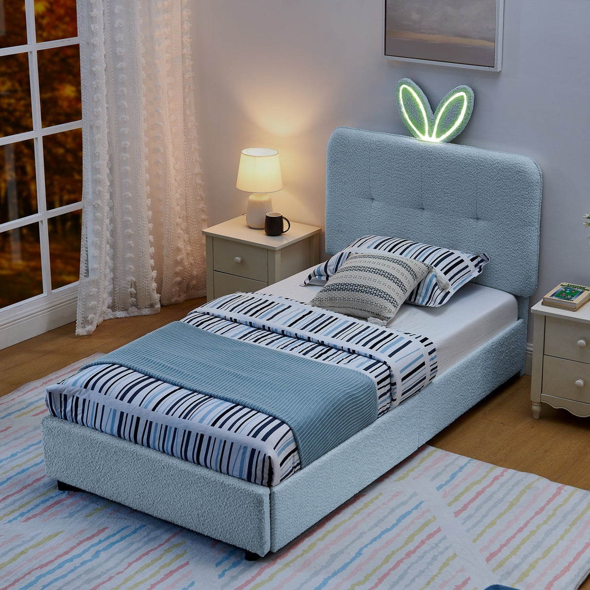 Twin Size Kids Upholstered Bed with Oversized Rabbit Ear Headboard, LED Light & 4 Storage Drawers, Boucle Fabric (79.5''X40.75''X41'')