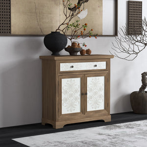 Accent Cabinet With Carved Floral Panels, Sideboard With Drawer And Double Doors - Antique Brown / White