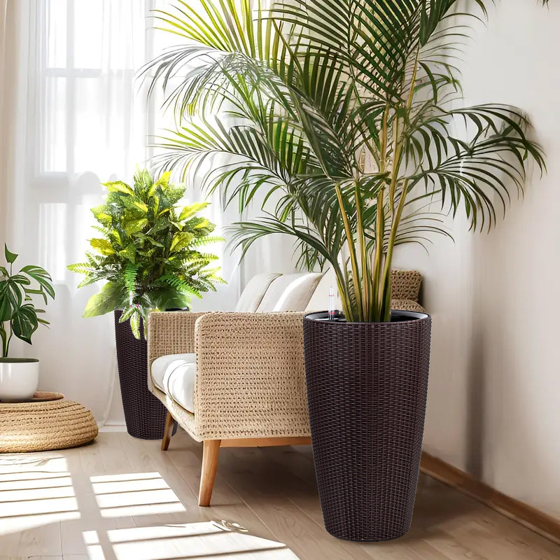 Set of 2 Faux Rattan Tall Planters with Automatic Watering