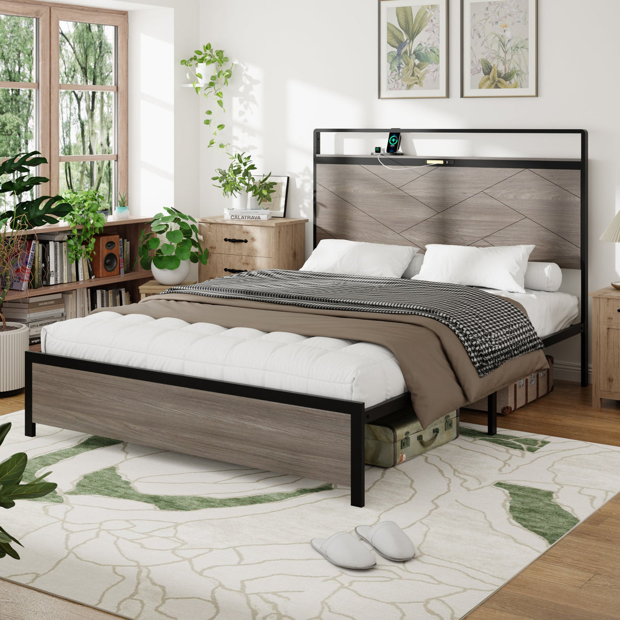 Antique Full Size Wooden Platform Bed Frame with LED Light Headboard