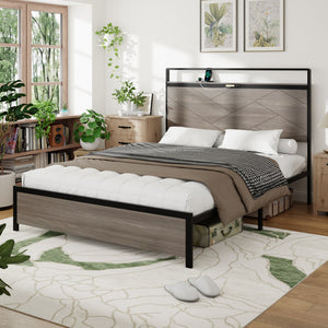 Antique Full Size Wooden Platform Bed Frame with LED Light Headboard