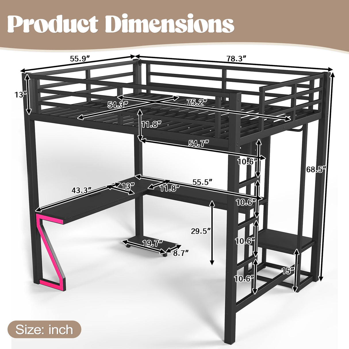Full Loft Bed with L-shaped Desk and USB Ports