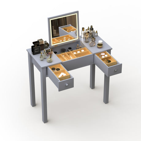 Grey vanity table with led lights, flip-top mirror and 2 drawers, jewelry storage