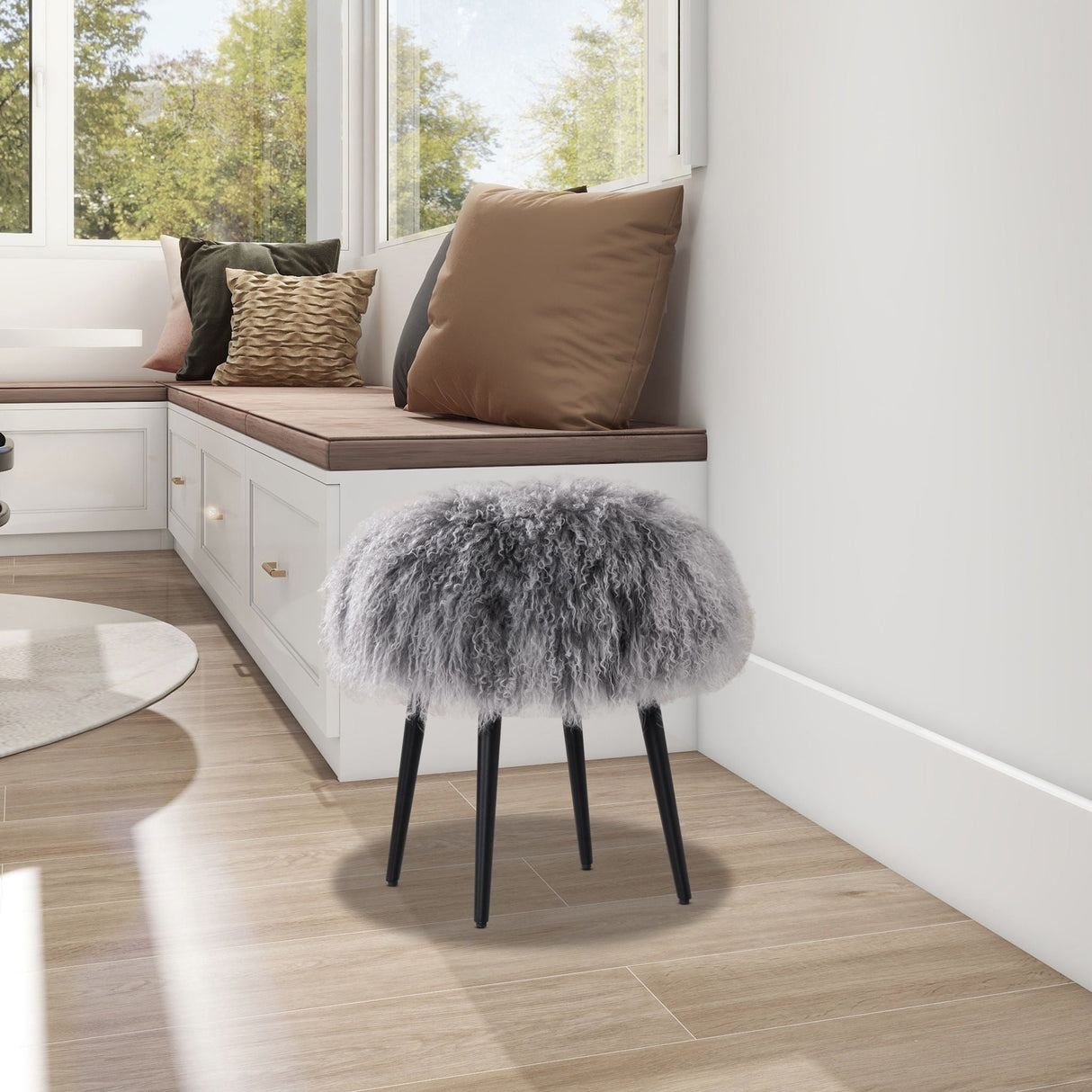 Alberta Mongolian Sheepskin Round Ottoman