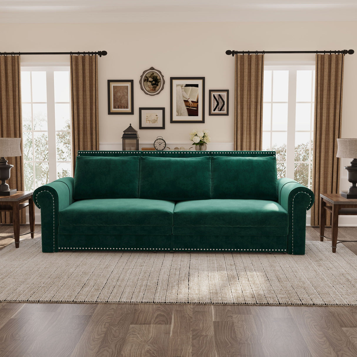 3 In 1 Convertible Sleeper Sofa With Nailhead Trim & Rolled Arm