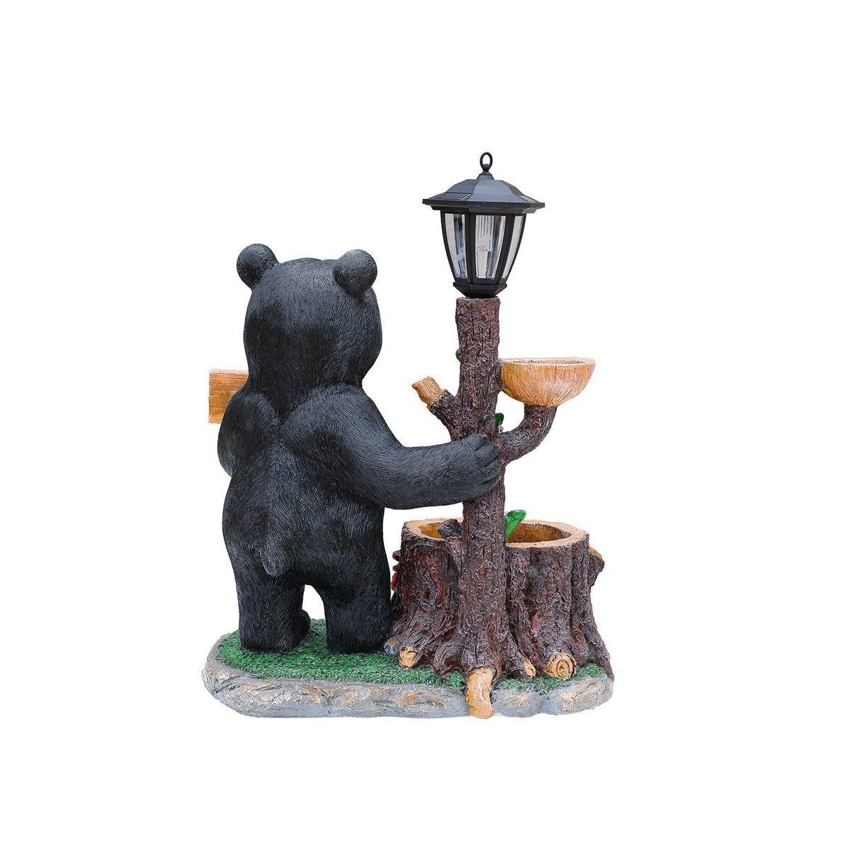 Decorative Standing Black Bear Garden Planter with Solar-Powered Lantern