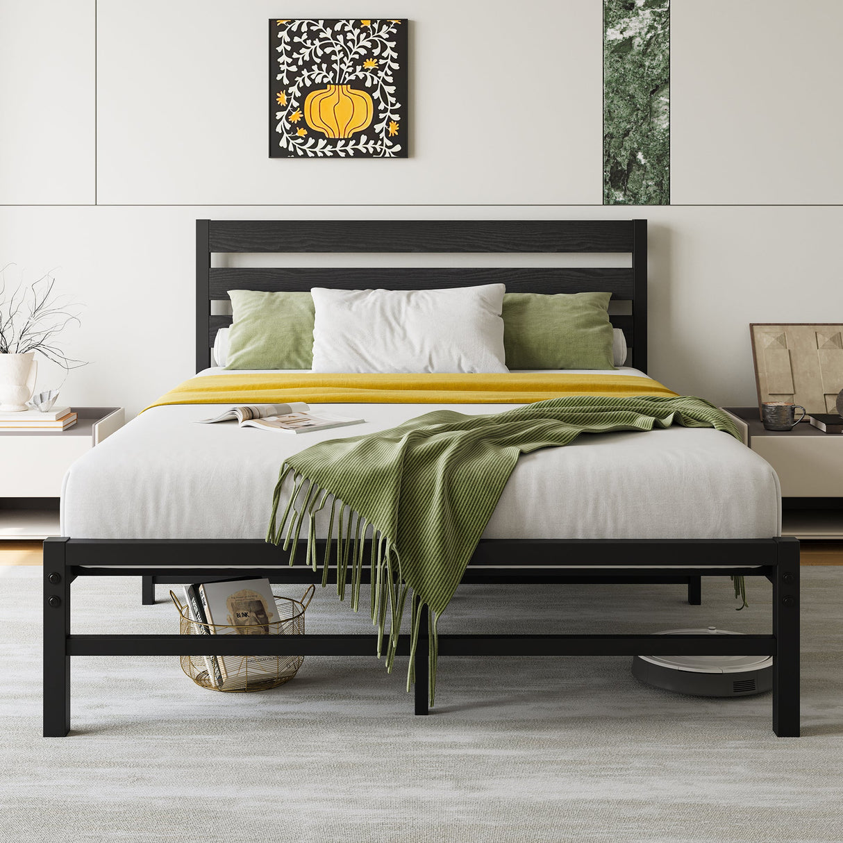 Industrial Platform Bed with Storage and Vintage Wood Headboard-Black