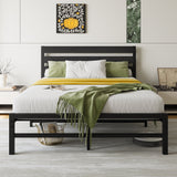 Industrial Platform Bed with Storage and Vintage Wood Headboard-Black