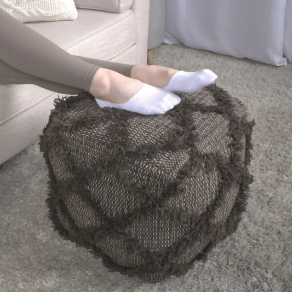 Jumanji Handcrafted Wool and Cotton Pouf - Brown