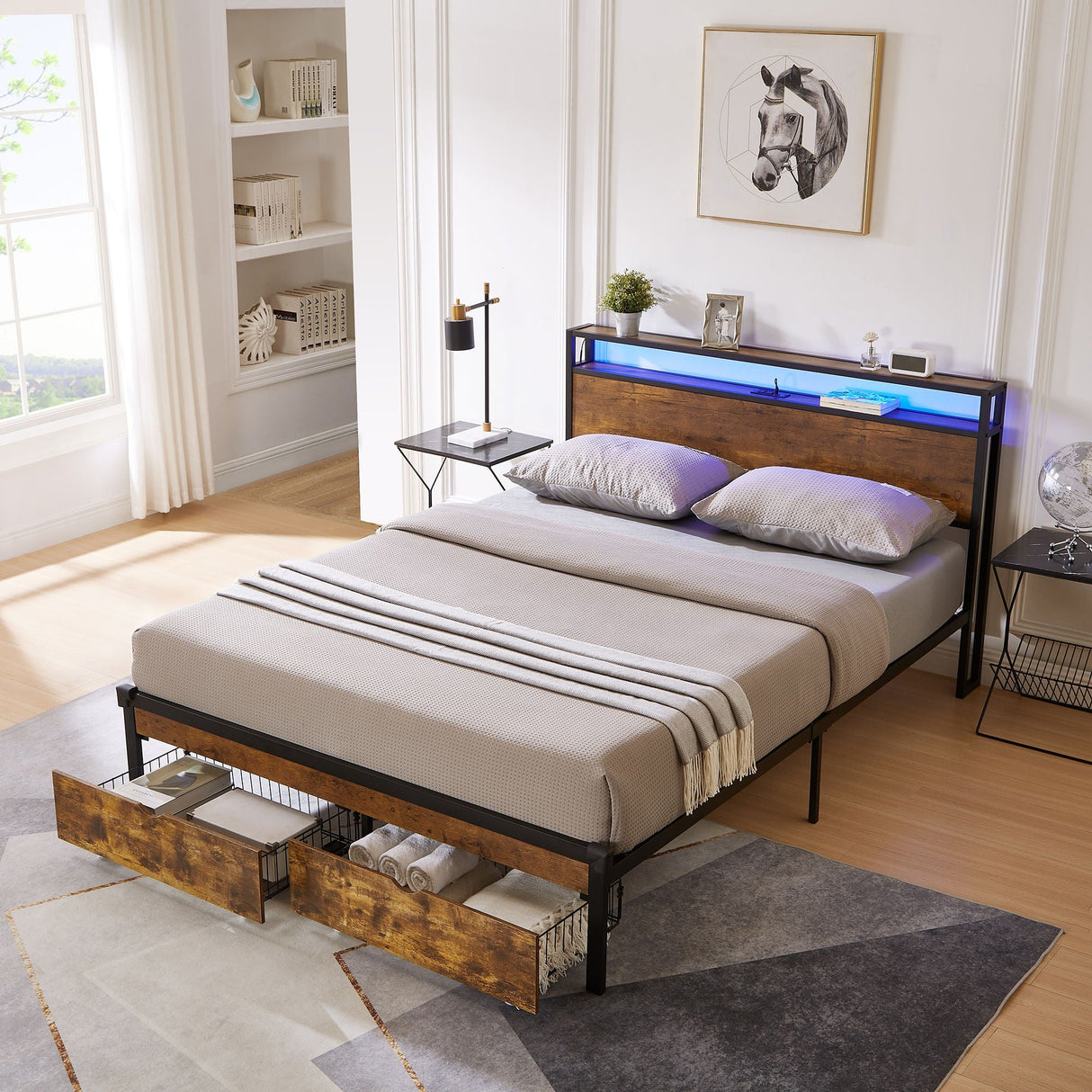 Modern Metal Platform Bed Frame With Wooden Headboard, USB Charging, LED Lights, And Storage