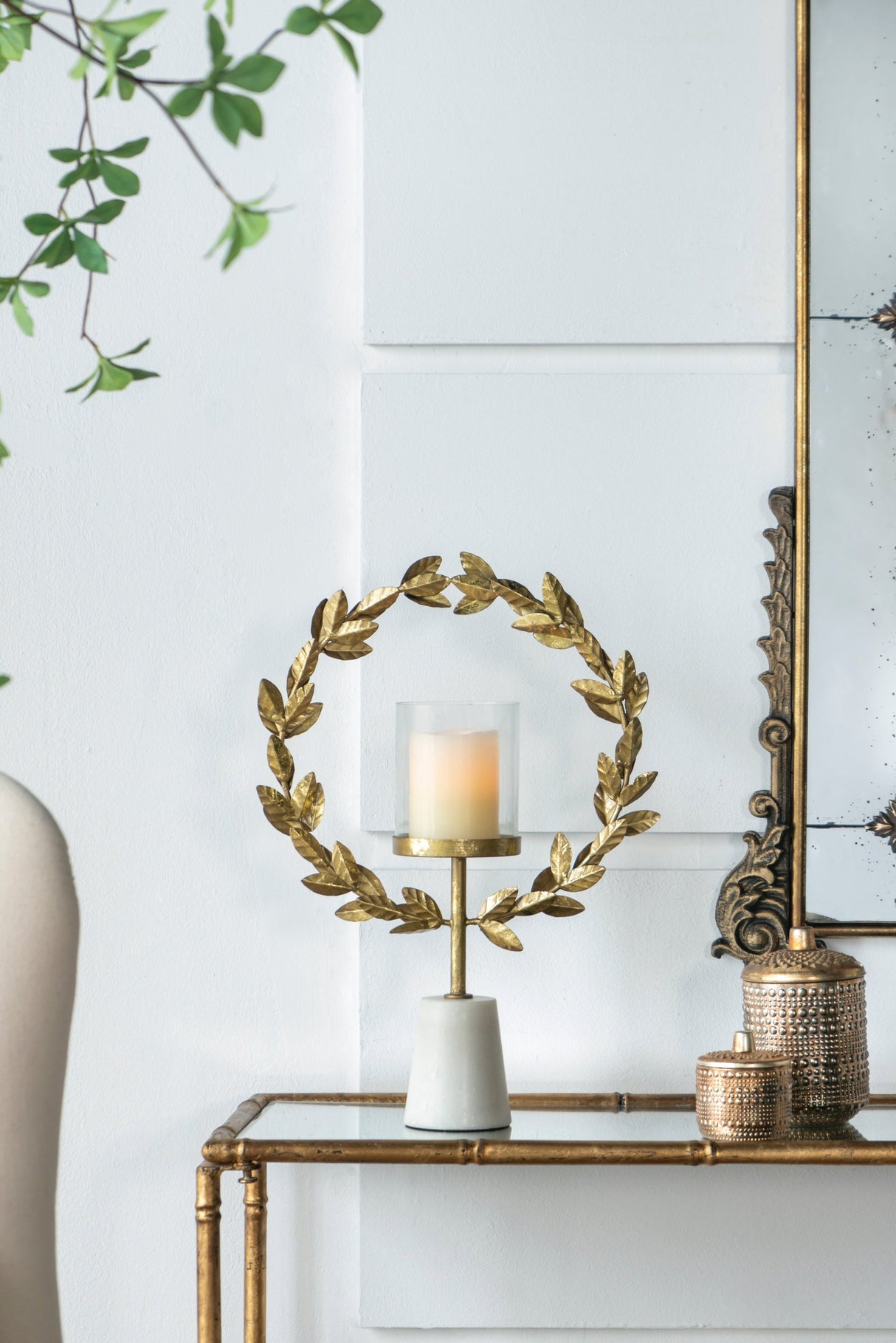 14.2x3.5x19.7" Iron Floral Hurricane With Marble Base