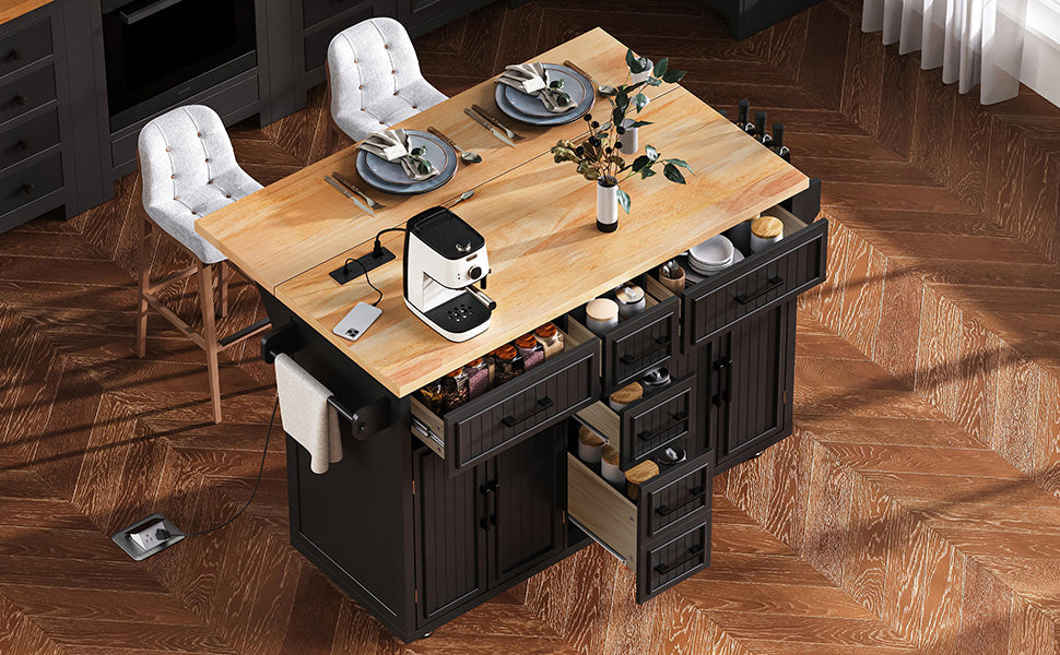 K&K 56.5'' Kitchen Island with Drop Leaf, Power Outlet