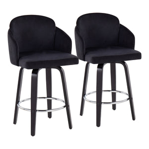 Contemporary Counter Stool in Black Wood and Black Velvet - Set of 2
