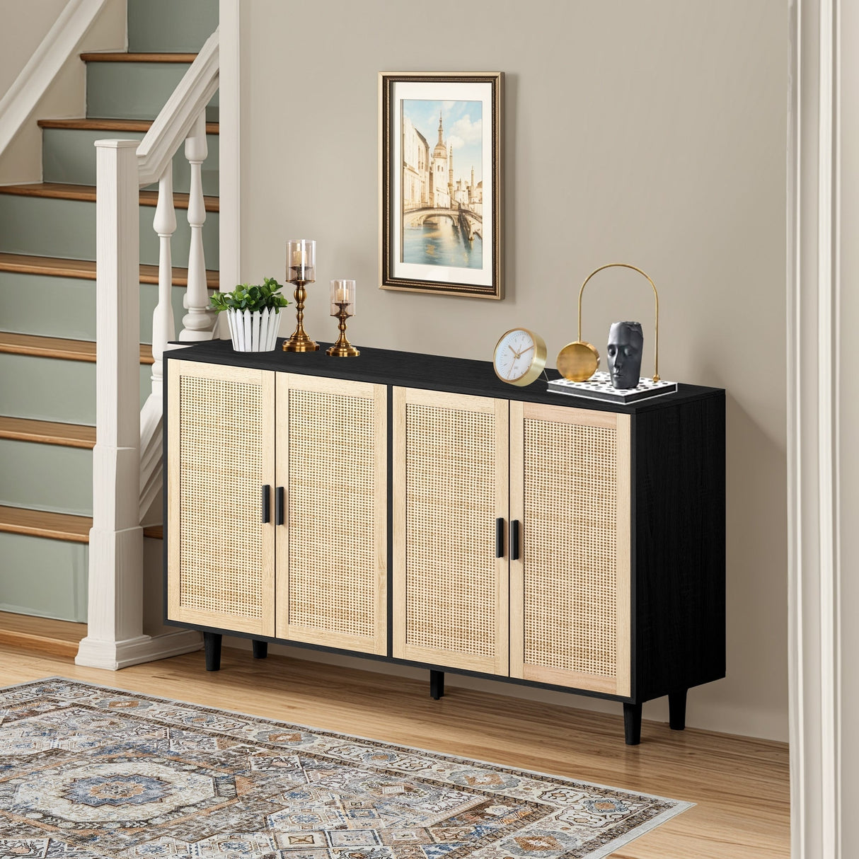 Elegant and Functional 4-Door Rattan Decorative Storage Cabinet