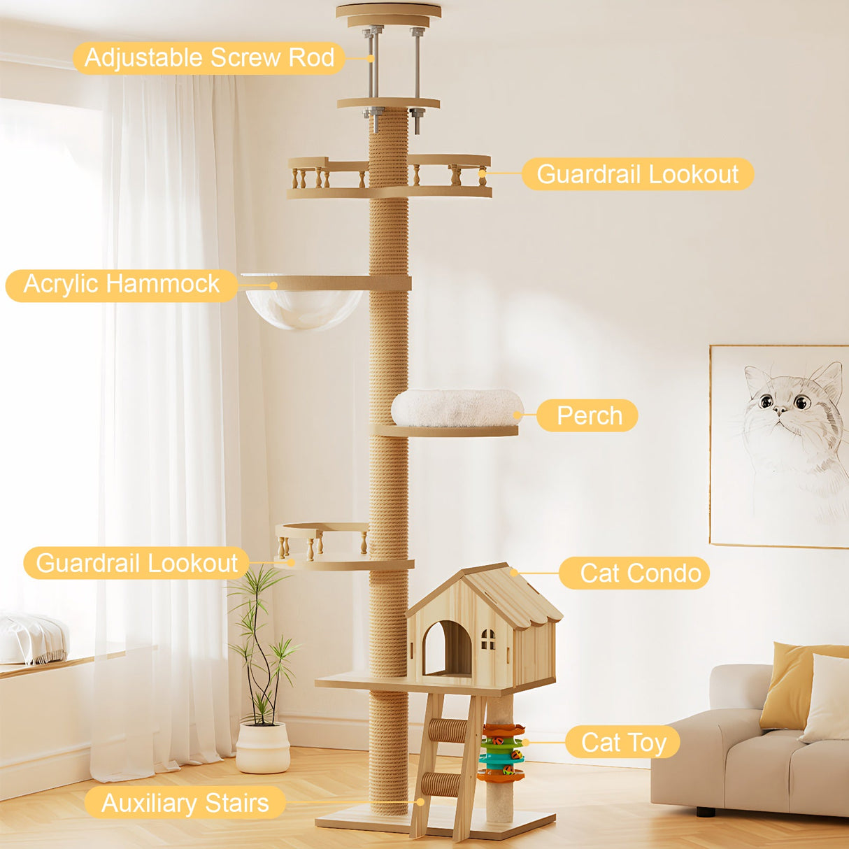 Floor to Ceiling Cat Tree with Adjustable Height and Condo Cave Bed