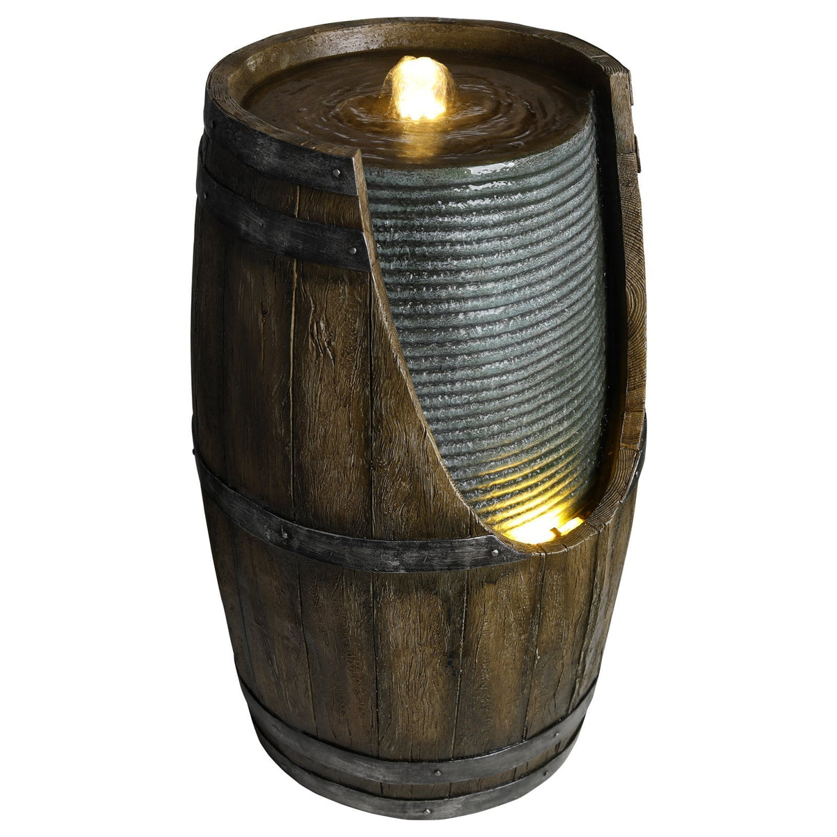 Wooden Barrel Style Outdoor Water Fountain with Lights Resin Rustic Garden Waterfall Decor for Patio Porch Yard
