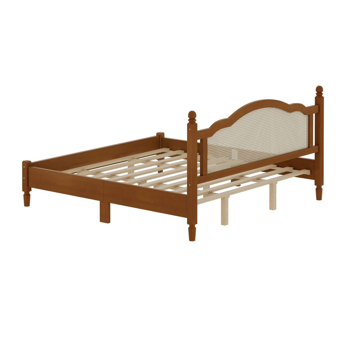 King Size Wooden Platform Bed with Rattan Headboard