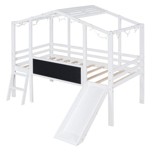 Loft House Bed With Ladder And Slide, With board And Light Strip On The Roof
