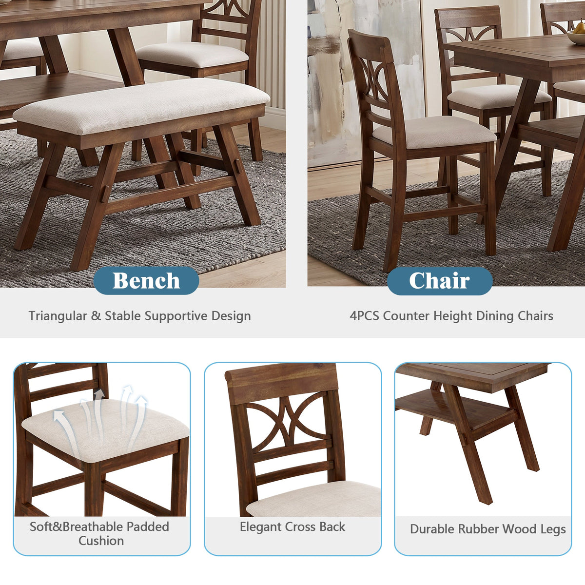 Counter Height 6-Piece Wood Dining Set with Storage Shelf - Walnut