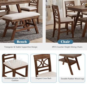 Counter Height 6-Piece Wood Dining Set with Storage Shelf - Walnut