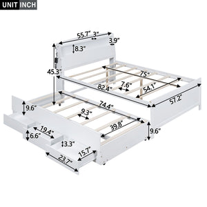Full Size Platform Bed With Storage LED Headboard, Twin Trundle And 3 Drawers - White