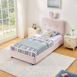 Twin Size Kids Upholstered Bed with Oversized Rabbit Ear Headboard, LED Light & 4 Storage Drawers, Boucle Fabric (79.5''X40.75''X41'')