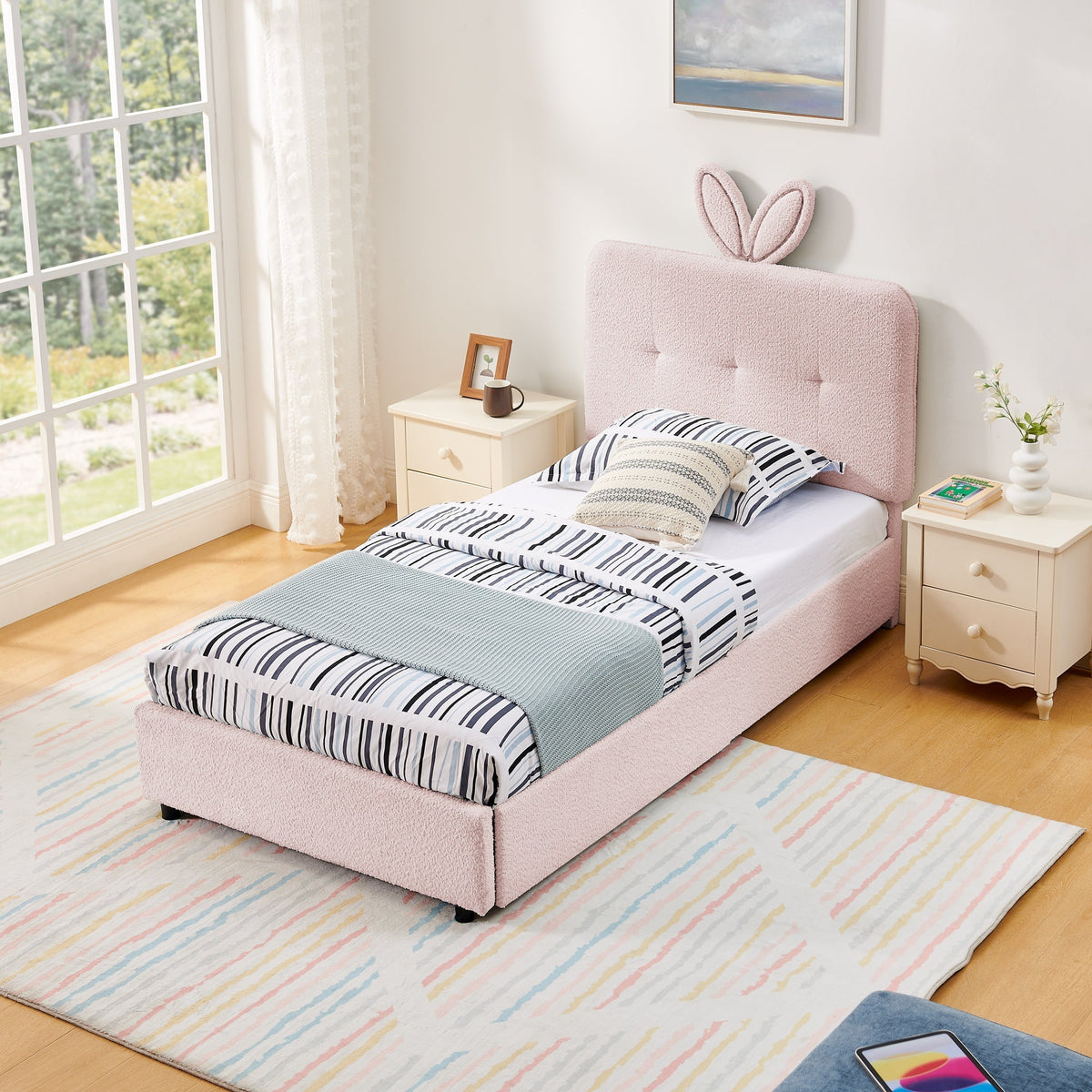 Twin Size Kids Upholstered Bed with Oversized Rabbit Ear Headboard, LED Light & 4 Storage Drawers, Boucle Fabric (79.5''X40.75''X41'')