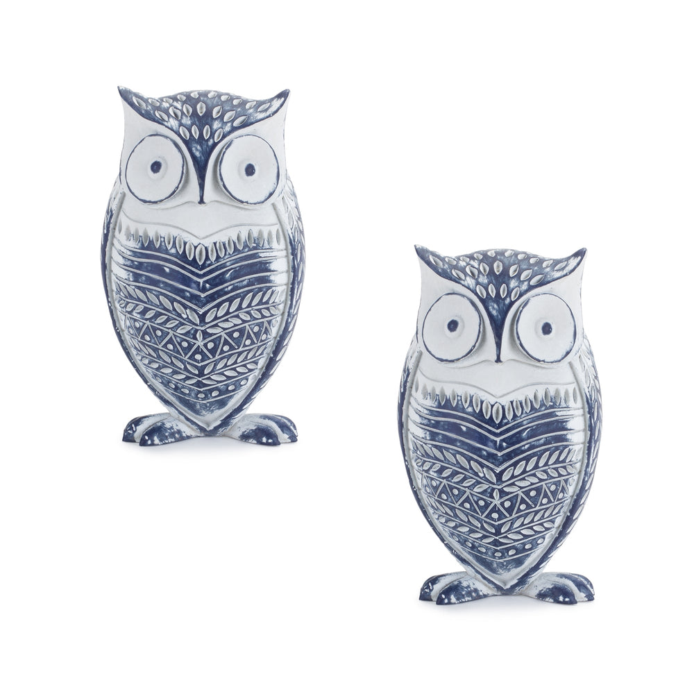 Washed Owl White Washed Owl Decor with Blue Floral Design 6.5