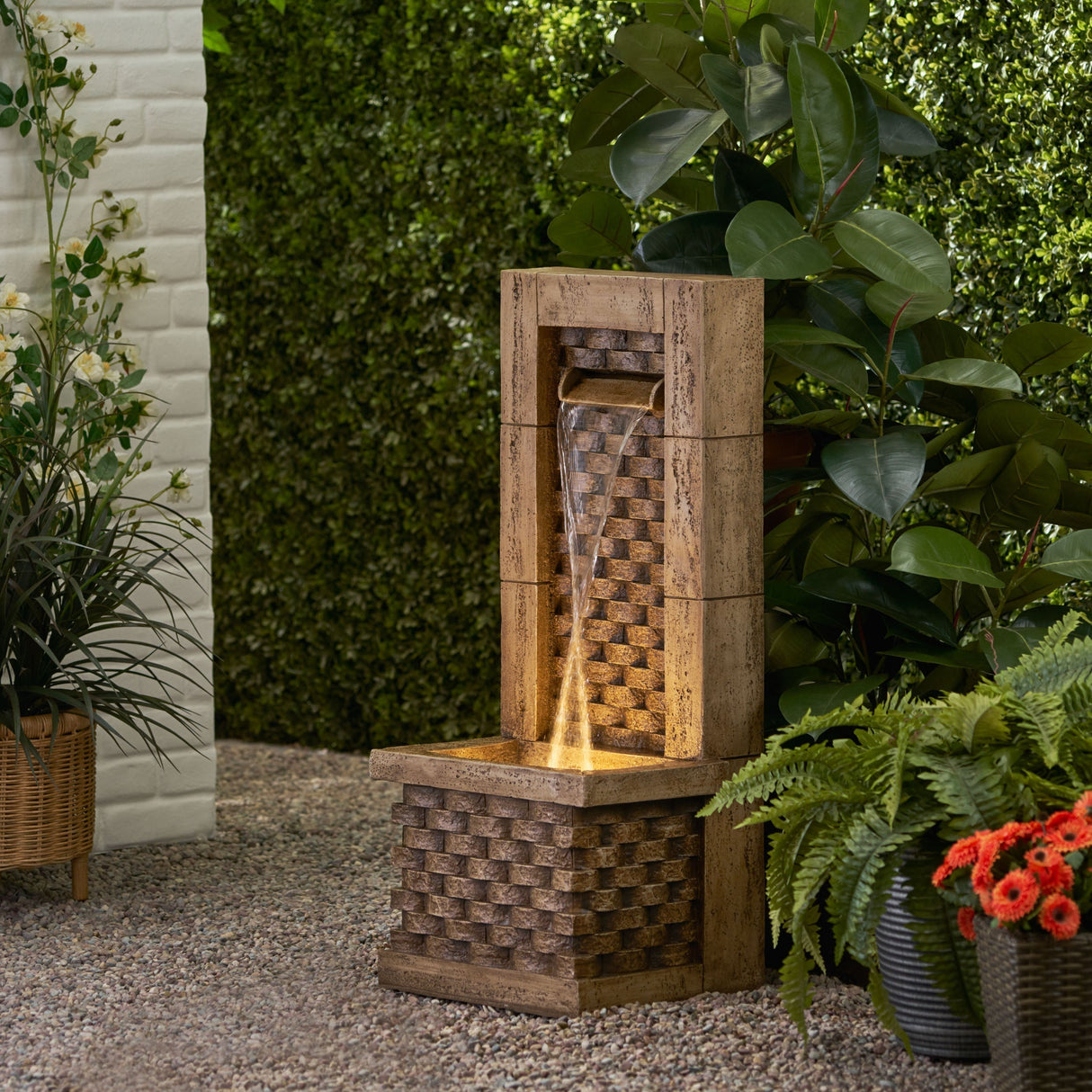 35.25' High Hand Crafted Weather Resistant Floor Fountain with Light Light Brown