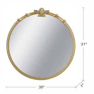 Round Wall Mirror with Decorative Leaf Crest - Gold