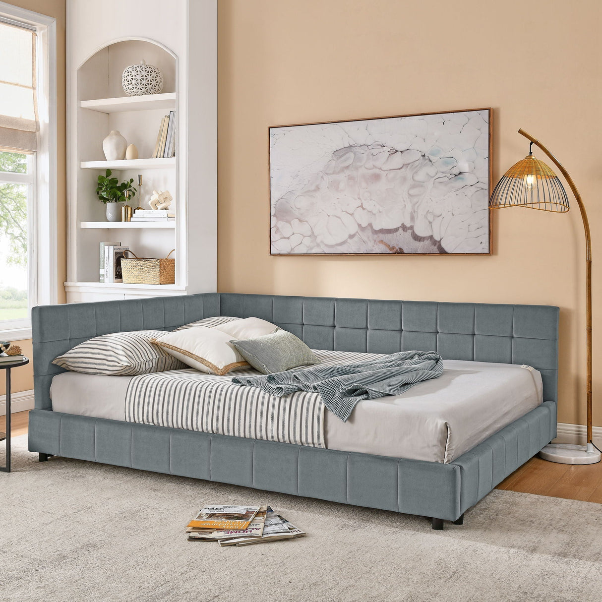 Mid-Century Storage Upholstered Tufted Bed Frame with Backrest and Armrests